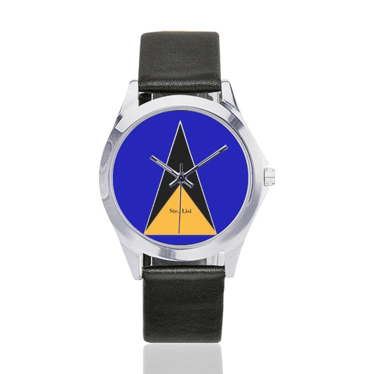 st lucia flag watch Unisex Silver-Tone Round Leather Watch (Model 216)